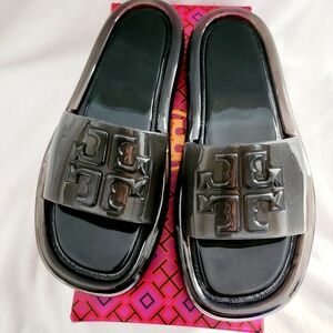 Tory Burch Black Patent Logo Slide Sandals